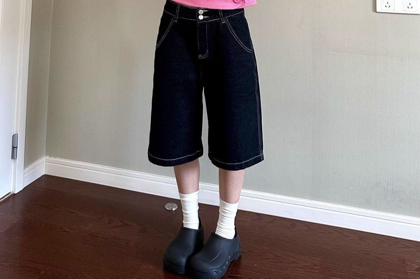 Coline - Bermuda denim shorts met contrasterende stiksels en gemiddelde taille