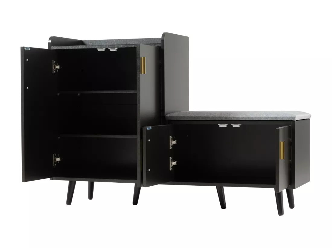 Banc à chaussures moderne avec 4 portes et coussin - pièds et poignées en métal - coloris noir - 120 x 34 x 82 cm