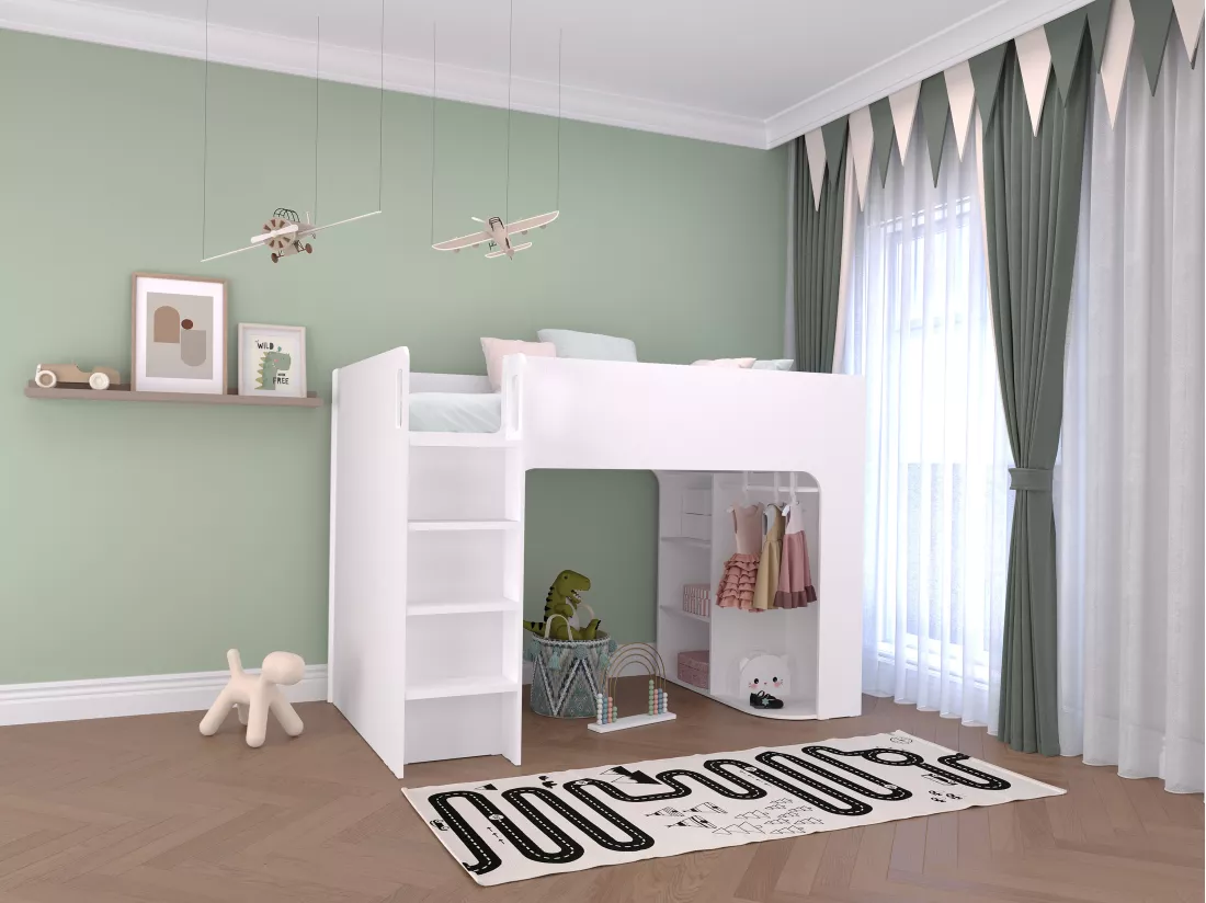 Lit mezzanine 90 x 190 cm avec rangements - Blanc - Avec matelas - COLUMI