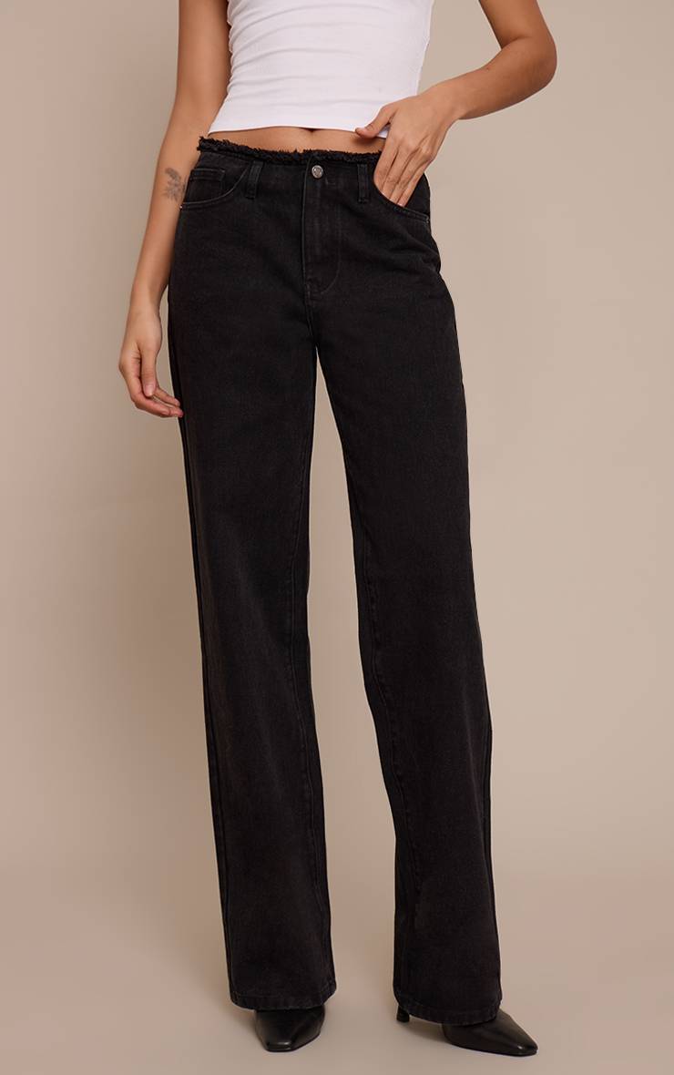 Noir Jean Taille Haute Droit Taille Bord Effiloché Coupe Basse