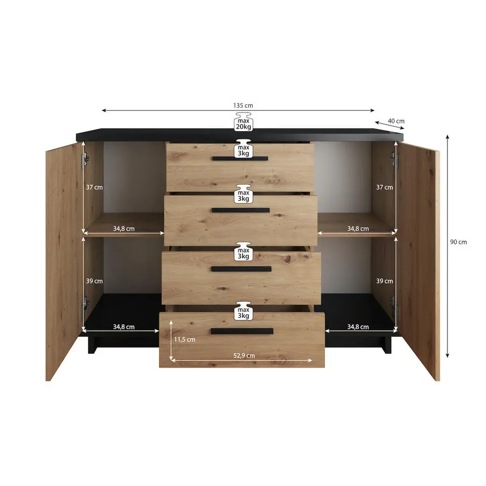 Meubella - Dressoir Incala - Eiken - Zwart - 135 cm