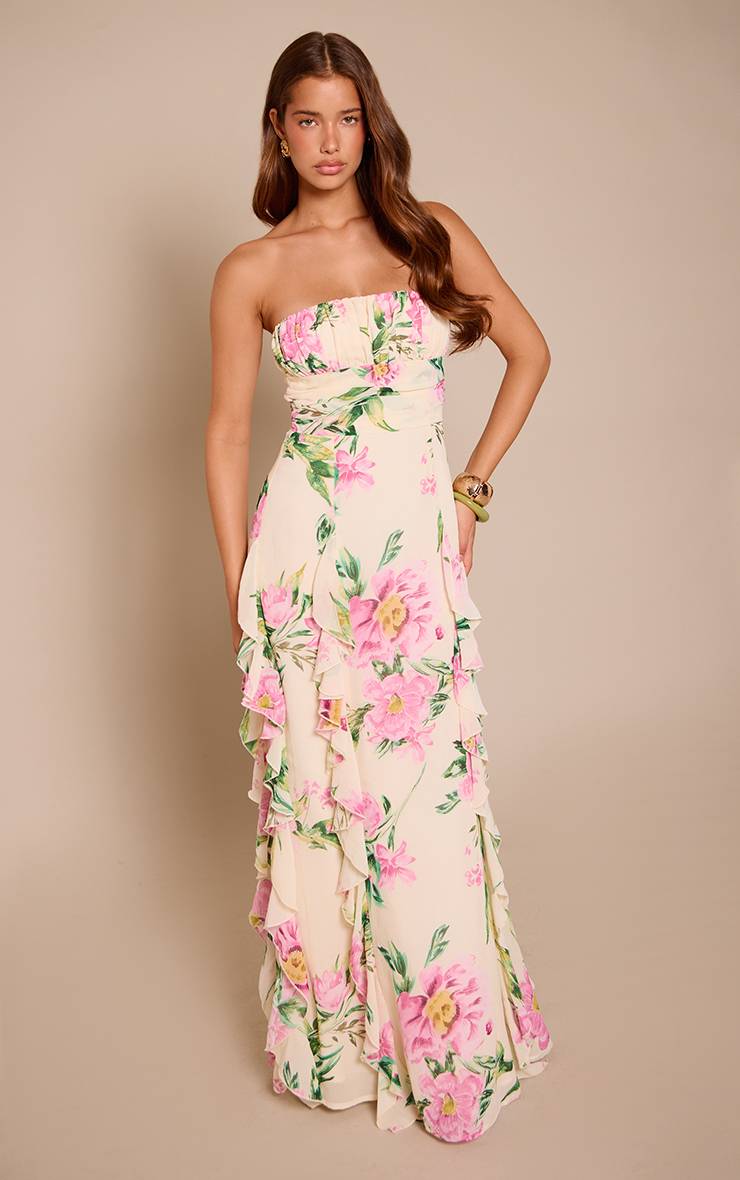 Blanc Robe Maxi Bandeau À Volants Imprimé Fleuri