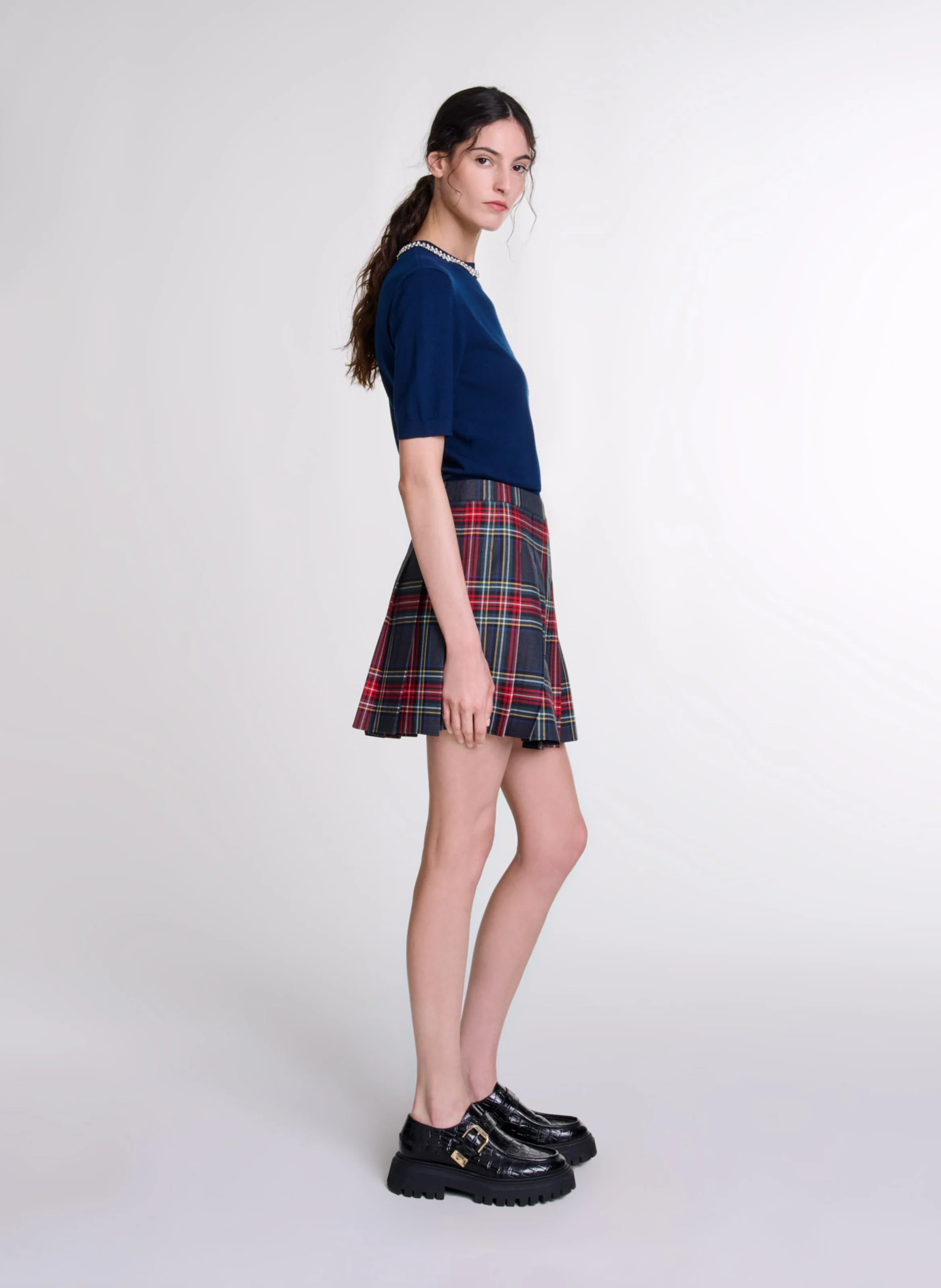 Top droit col rond à strass en laine mélangée | Bleu