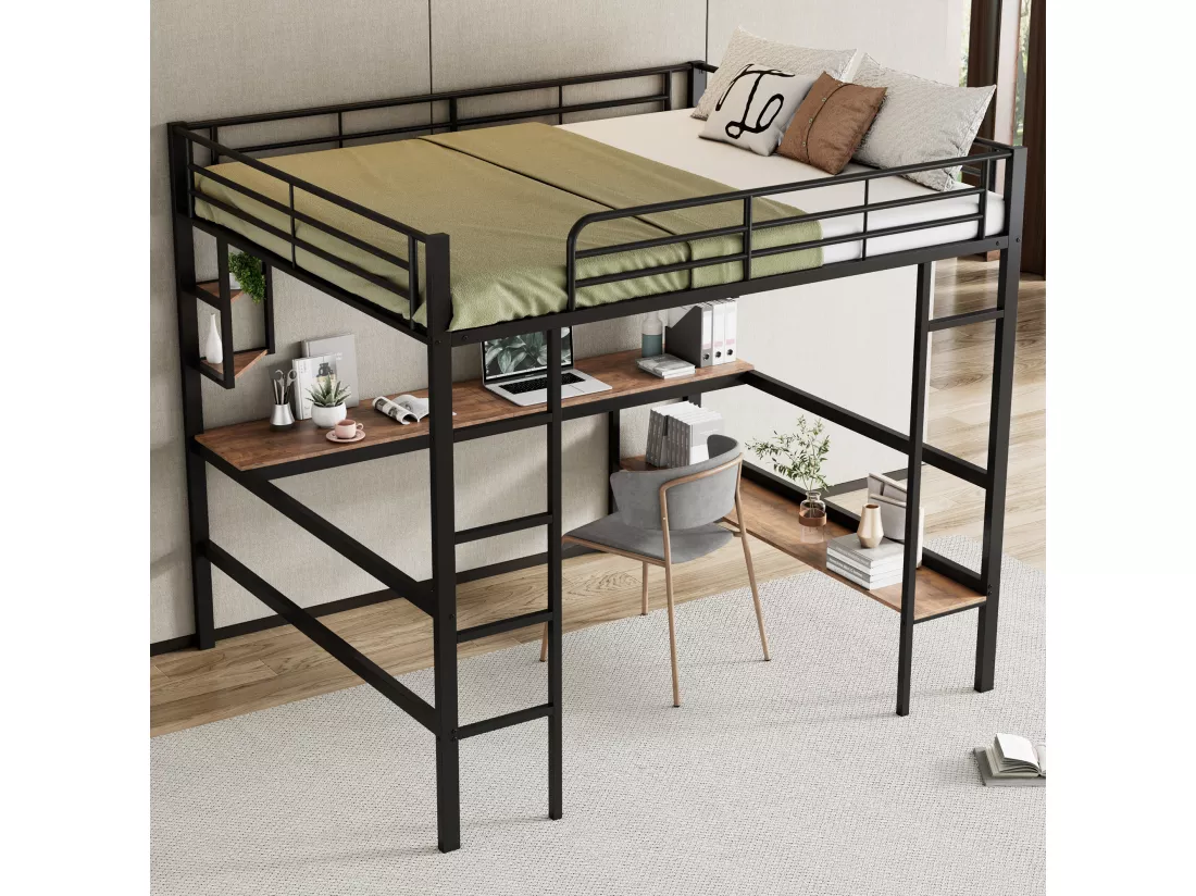 Lit mezzanine 140 x 200 cm avec bureau et étagère de rangement - métal et bois MDF - noir
