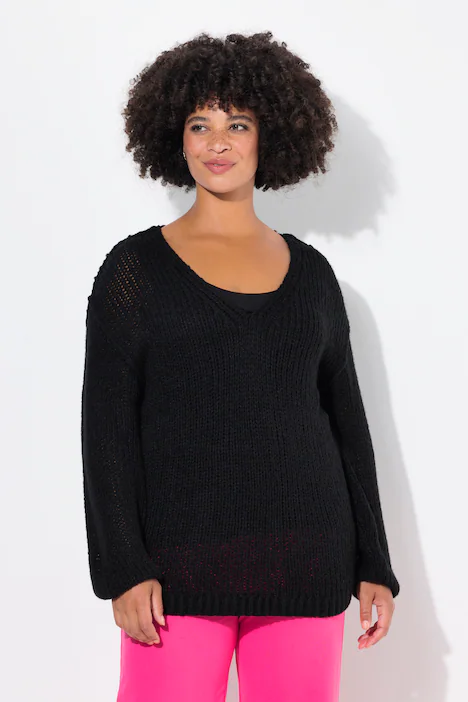 Pullover, oversized, Ballonärmel, V-Ausschnitt., schwarz