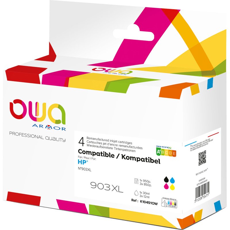 Pack cartouches Owa Compatibles HP 903XL 4 couleurs pour imprimante jet d'encre