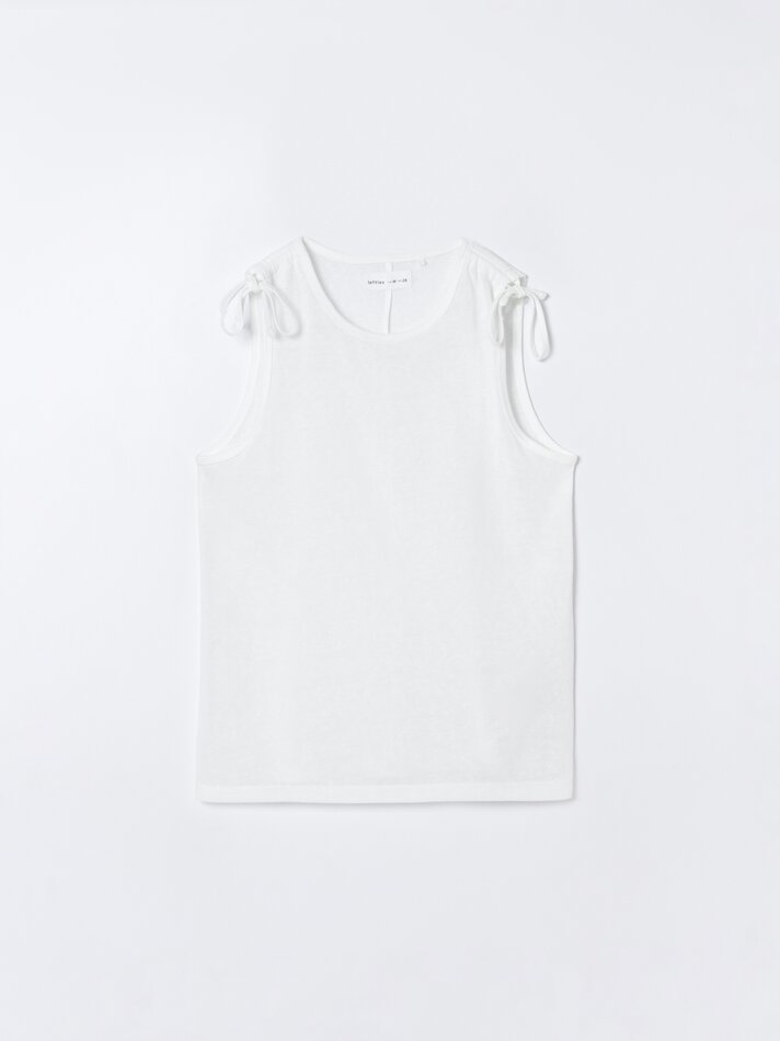 Camiseta com amarração frontal em efeito linho - Branca