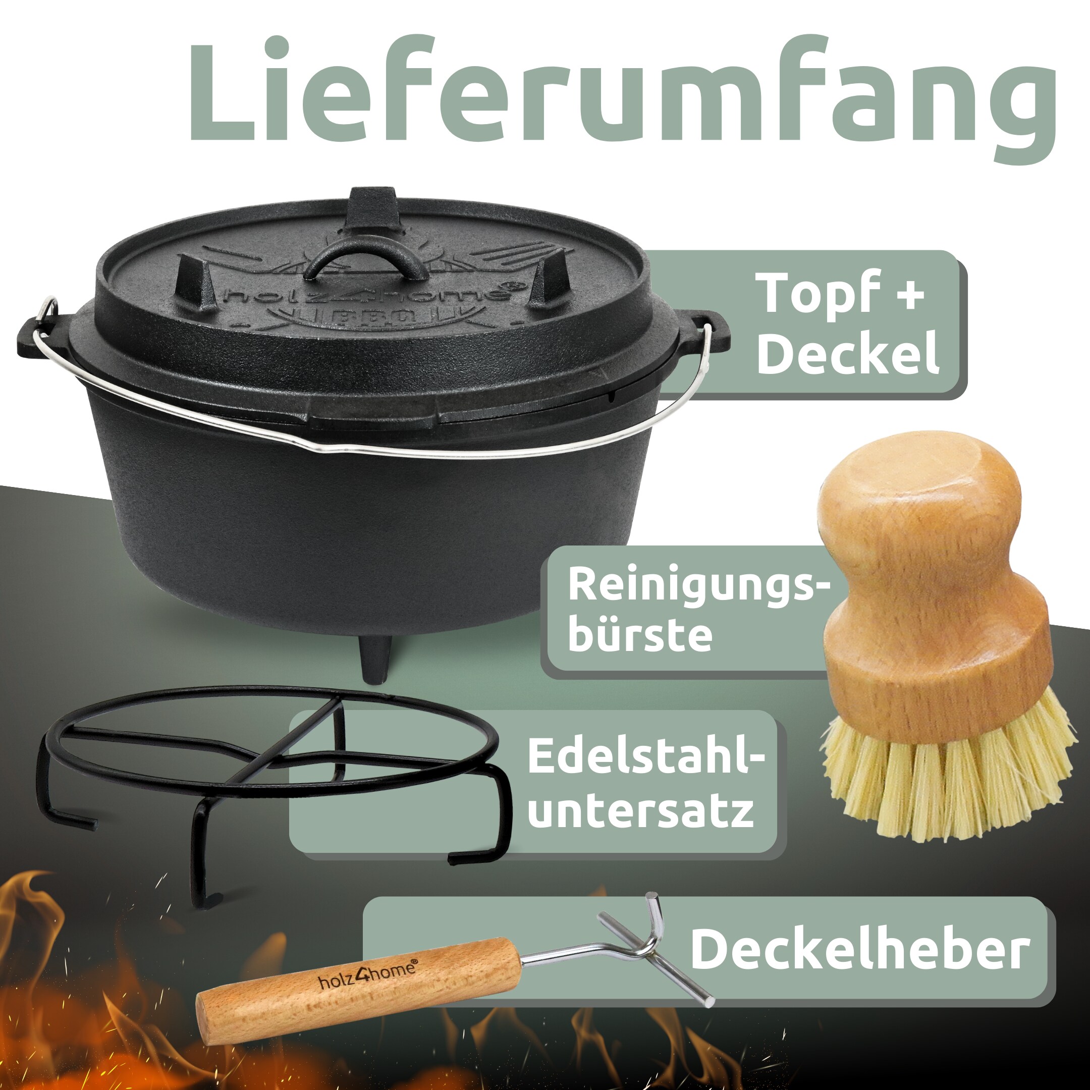 holz4home® Dutch Oven I eingebrannter Feuertopf aus Gusseisen I inkl. Deckelheber, Topfständer und Reinigungsbürste | 12 Liter