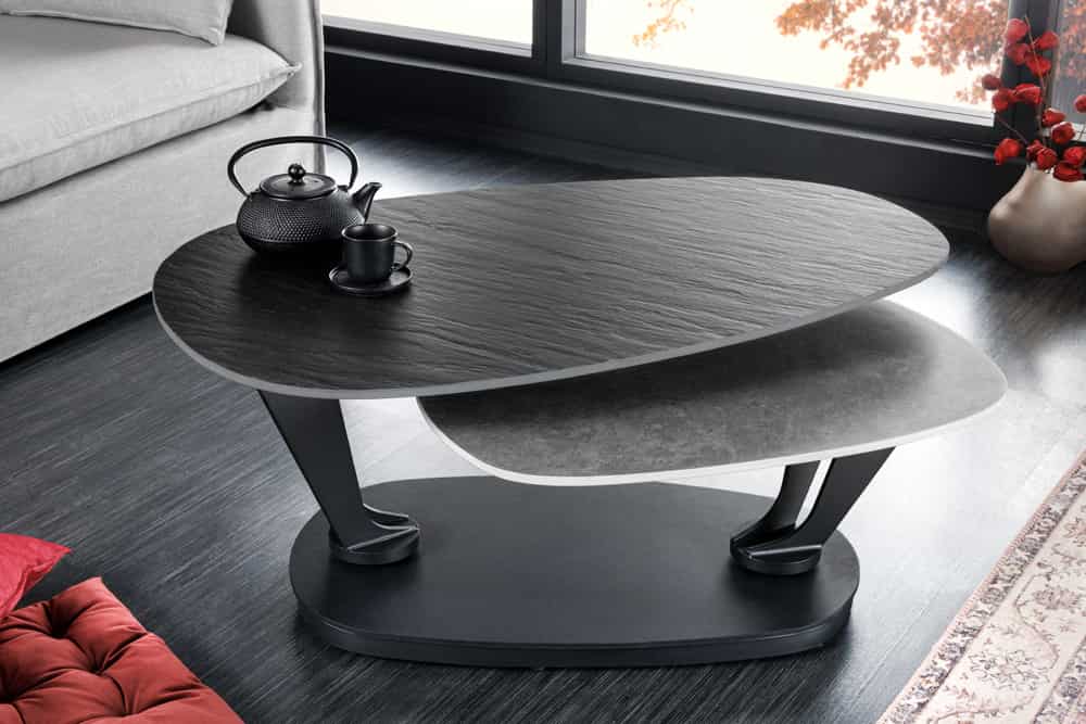 Design Couchtisch MOVEMENT schwarz grau rund drehbar Keramik Metallgestell