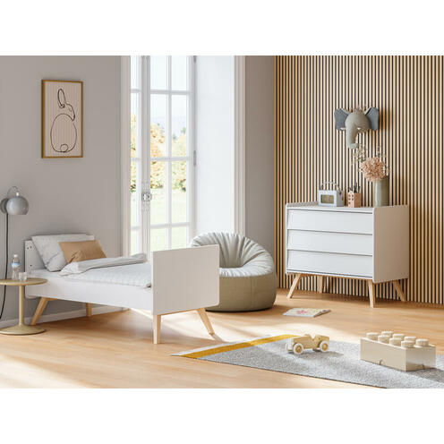 Chambre duo lit évolutif 70x140 cm + Commode Vintage - Blanc/chêne - VOX