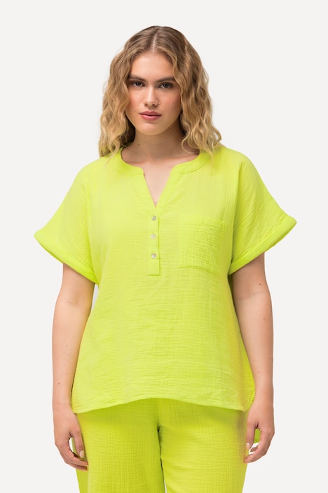 Musselin-Bluse, Oversized, Tunika-Ausschnitt, Halbarm