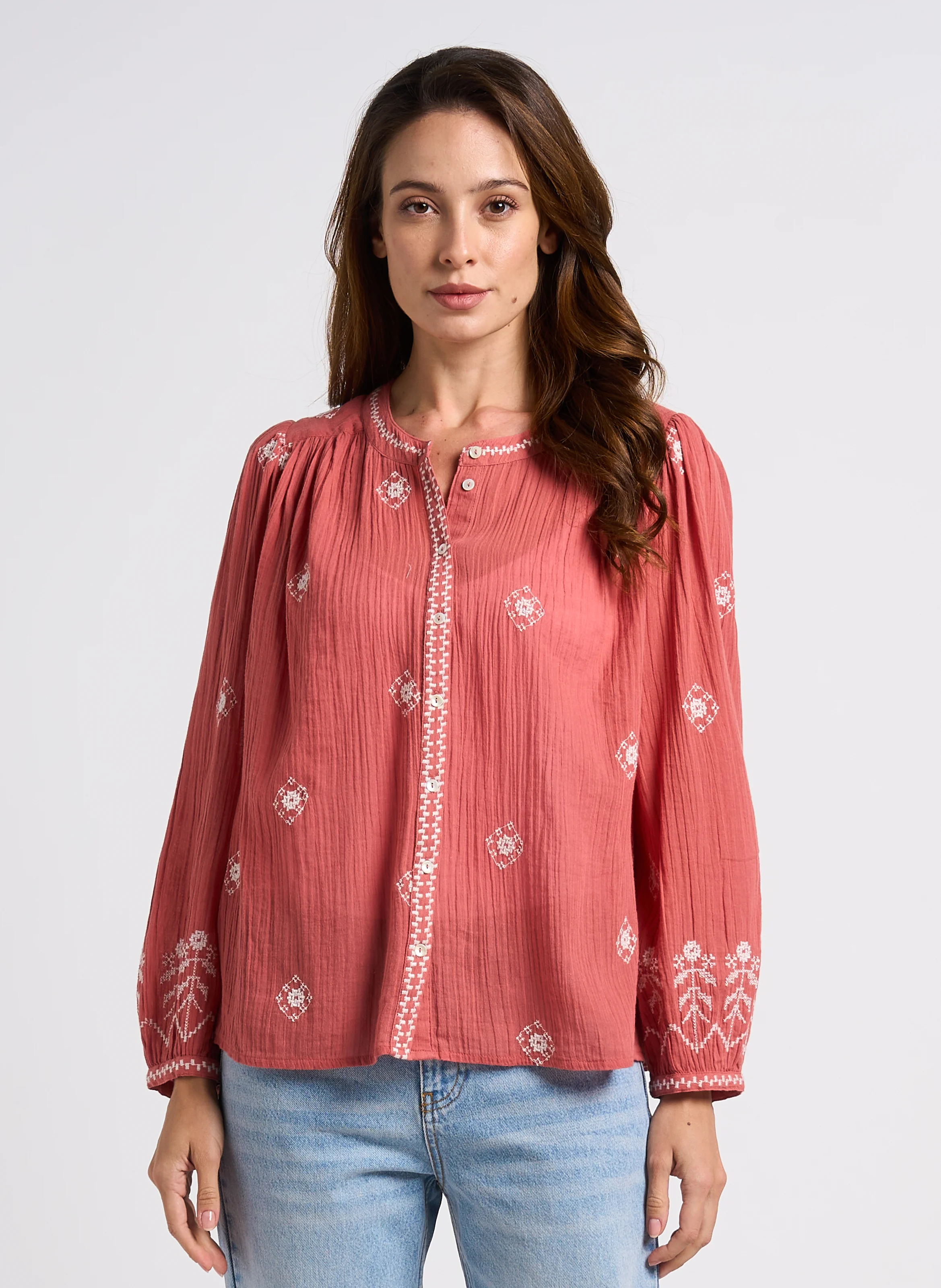 DUHA - Blouse droite brodée en coton | Rose
