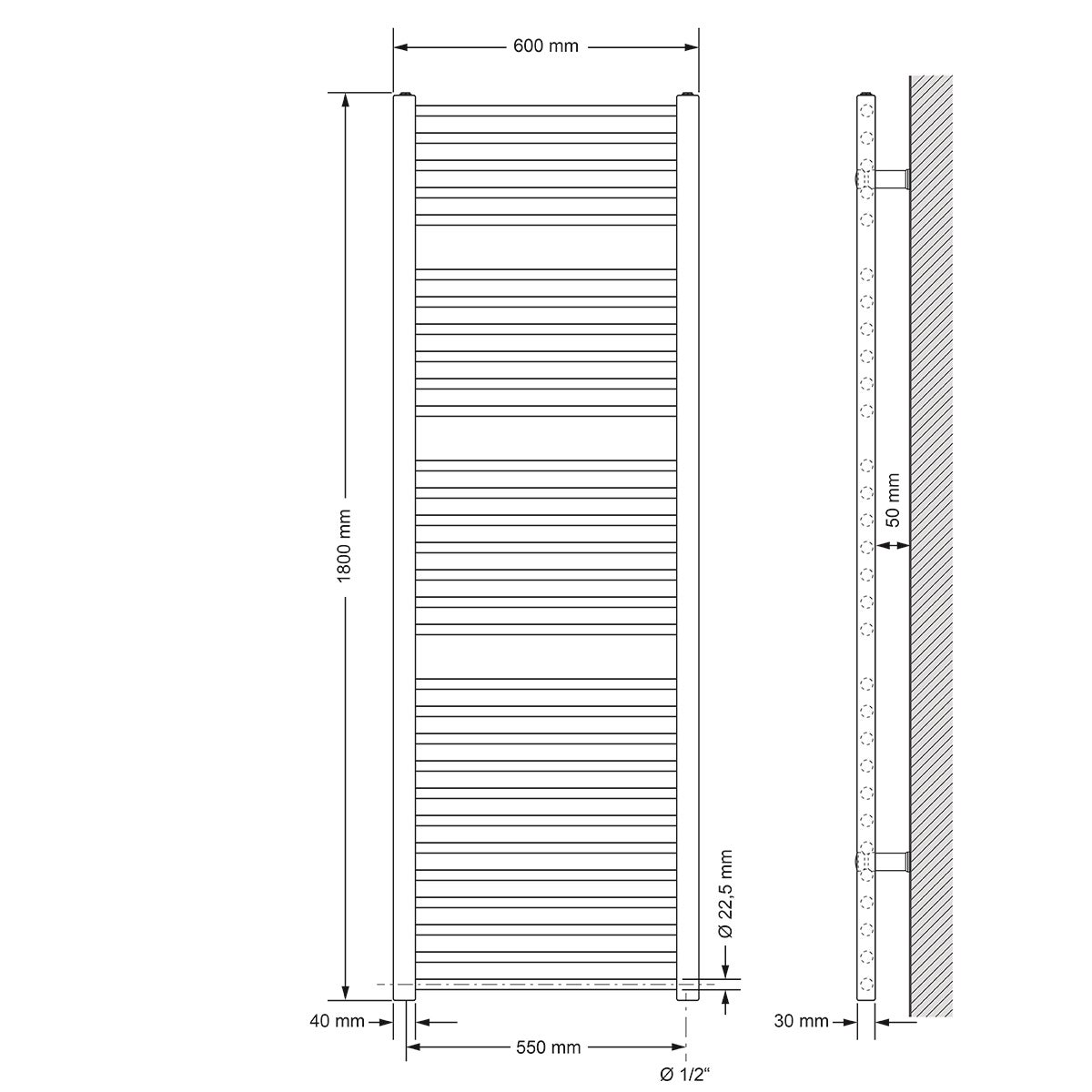 LuxeBath Sahara badkamerradiator, 600x1800 mm, wit, recht met zijaansluiting, designradiator, handdoekwarmer, handdoekdroger, handdoekradiator, handdoekradiator, badkamerverwarming