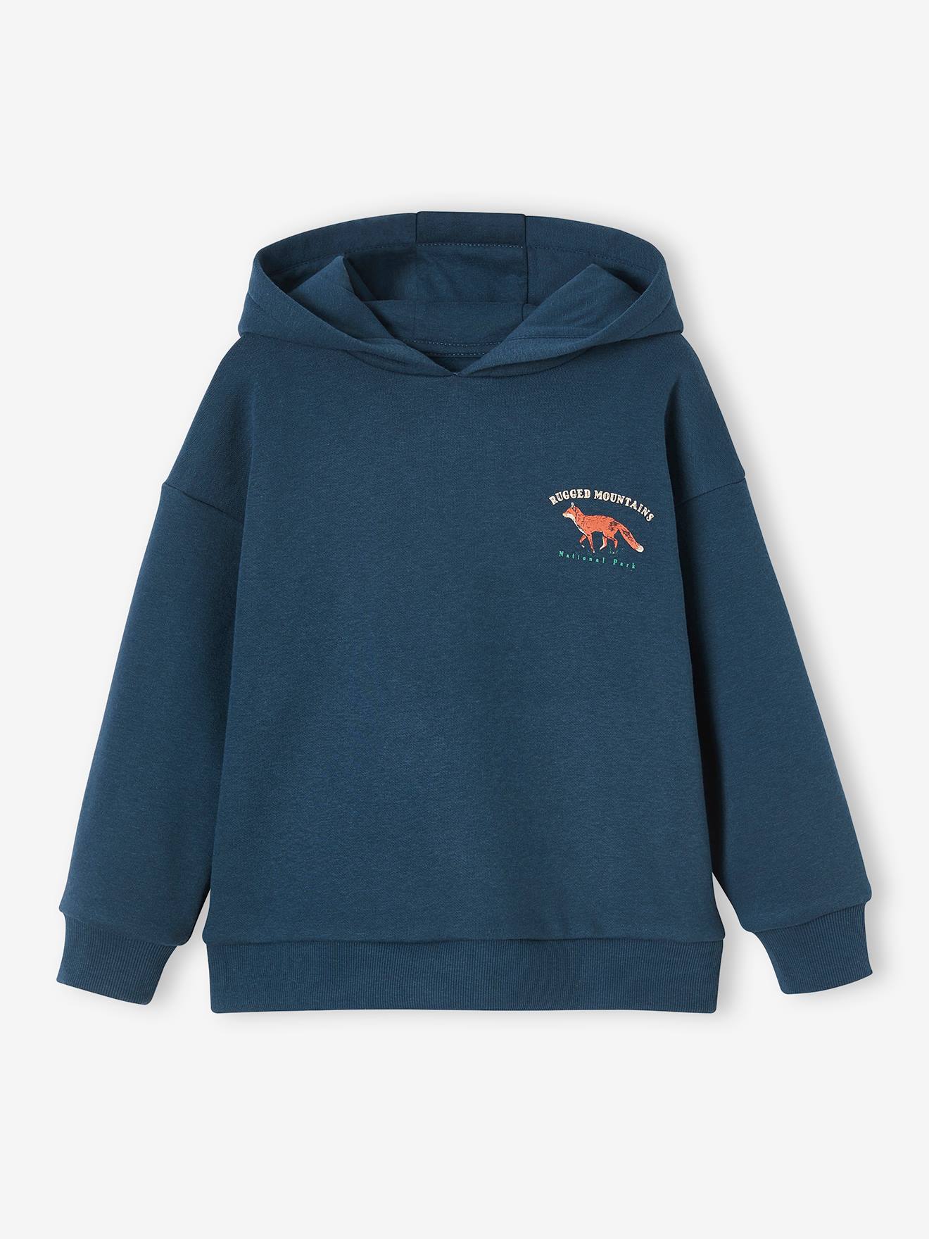 Moletom azul escuro com capuz e estampa grande de elementos da natureza nas costas, para meninos.