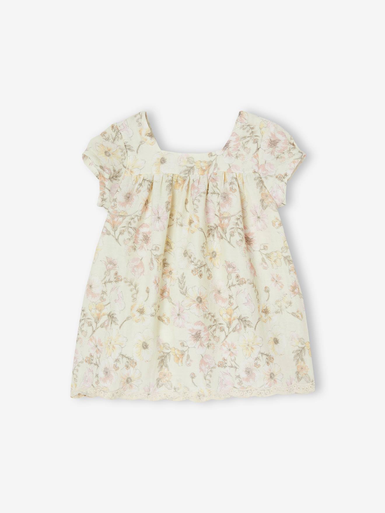 Vestido curto de manga curta com estampa floral off-white para bebê
