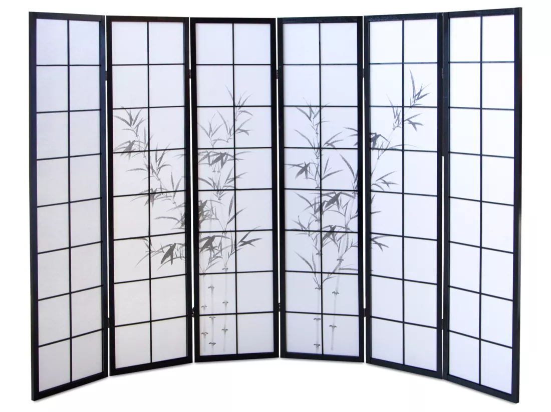 Paravent japonais en bois noir avec dessin bambou de 6 pans