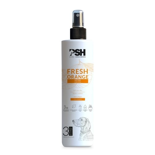 Loção hidratante PSH COSMETICS com aroma de laranja para cães.