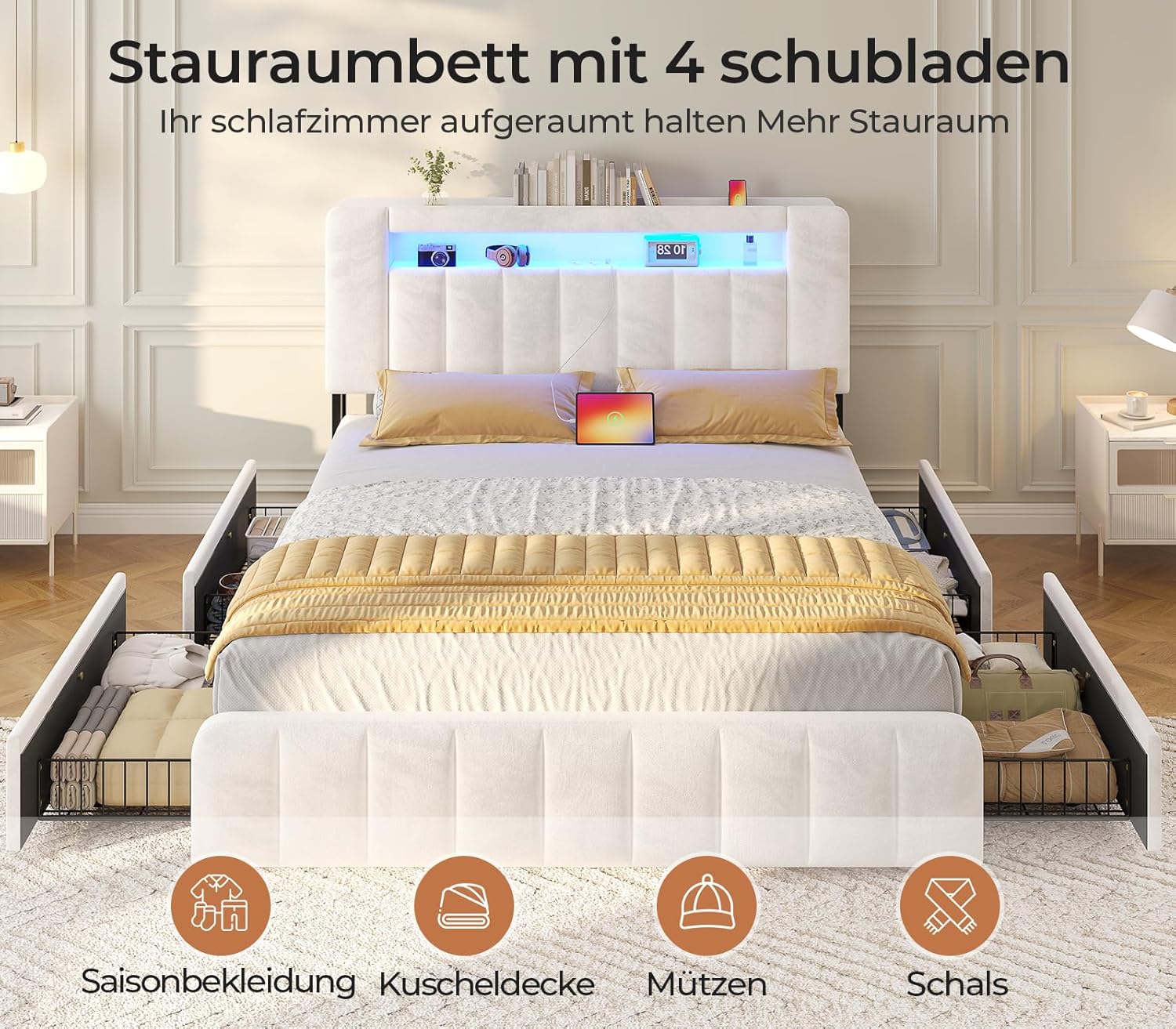 AOGLLATI Polsterbett 140x200 cm mit Stauraum - 4 Schubladen Jugendbett mit LED-Beleuchtung & Ladestation,Doppelbett mit Kopfteil aus Samt Bett 140x200 mit Lattenrost-ohne Matratze,Beige Samt