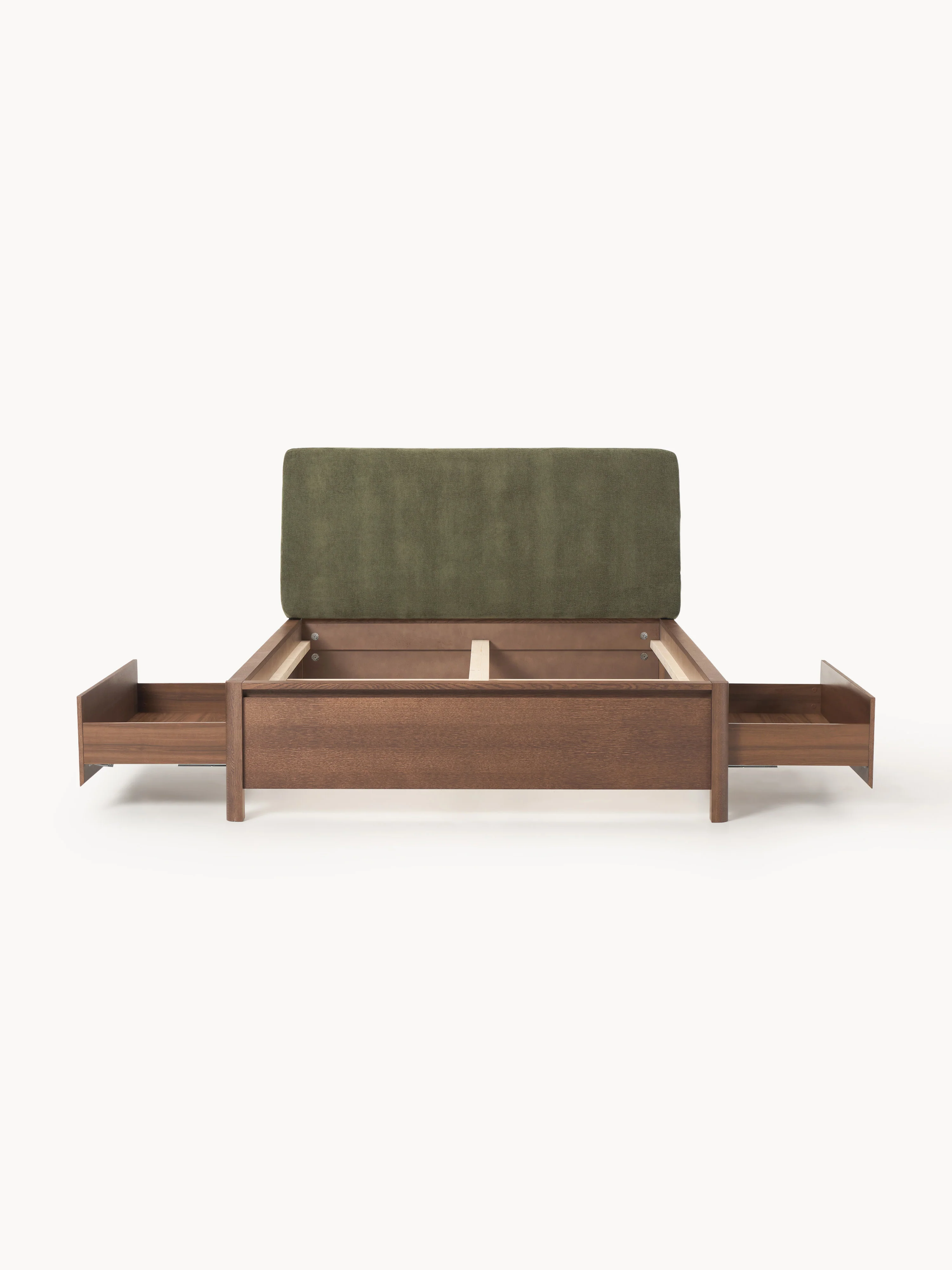 Houten bedframe Santiago met gestoffeerd hoofdeinde en lades