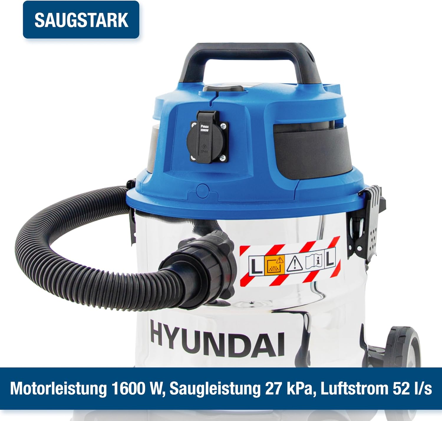 HYUNDAI Nass- / Trockensauger VCWD1620E, 1600 W, 20l Edelstahltank, Sauger mit Ausgangssteckdose, Master-Slave-Funktion (Staubsauger, Waschsauger, Industriestaubsauger)