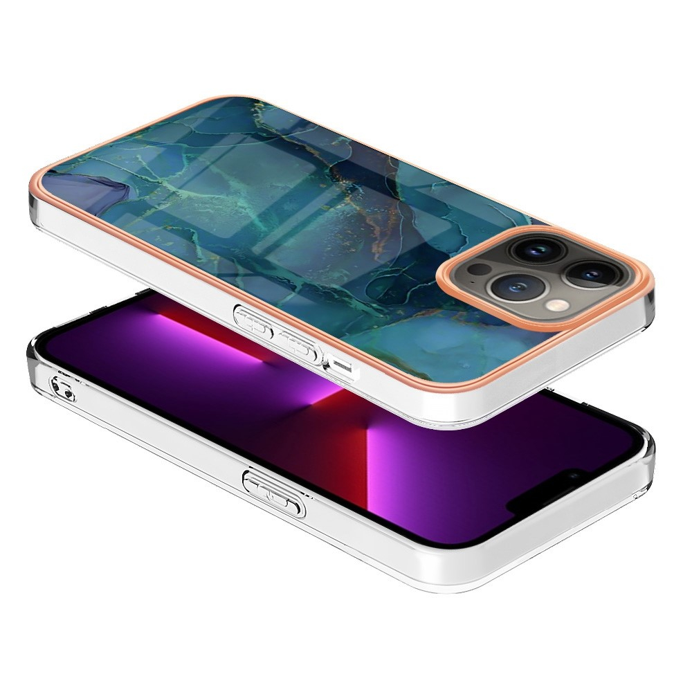iPhone 13 Pro Gummi Case Hülle Galvanisierter Rahmen Marble Marmor Design - Blau / Roségold