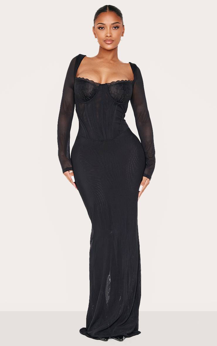 Noir Robe Longue Corsetée En Mesh Avec Empiècement En Dentelle Shape