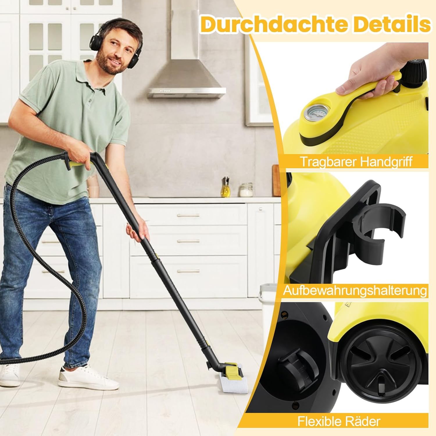 COSTWAY Dampfreiniger 2000W, Dampfdruck: 5 bar, Tank: 1,8L, Temperatur: bis zu 160℃, Bodenreiniger mit 29 Zubehörteilen & Rollen, Dampfgeräte inkl. 5m Netzkabel (Gelb)