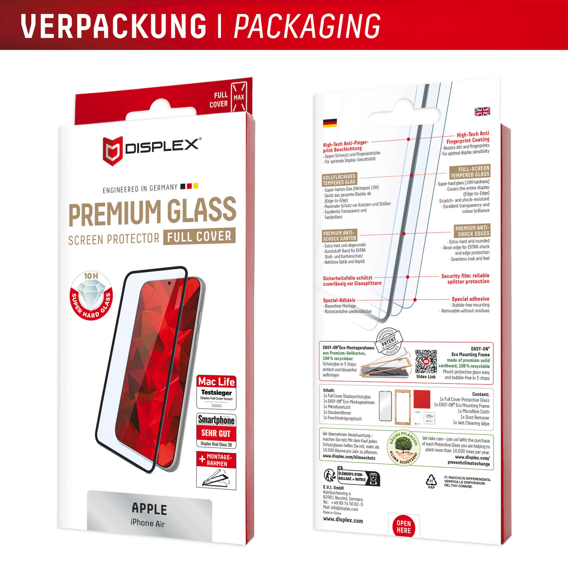 Displex Displayschutzglas »Premium Glass Screen Protector Full Cover« für Apple iPhone Air Displayschutzfolie, Schutzfolie, Bildschirmschutz, kratz- & stossfest