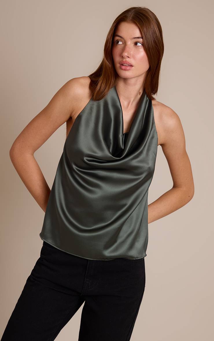 Dark Khaki Top Dos Nu En Satin Col Licou Avec Lien À Nouer