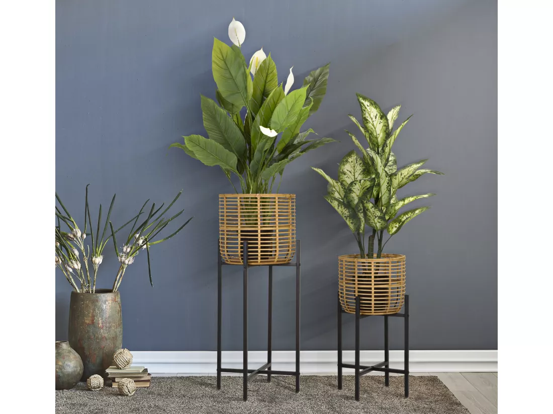 Lot de 2 cache-pots en rotin et métal marron et noir Ø 38x90-33x60 cm