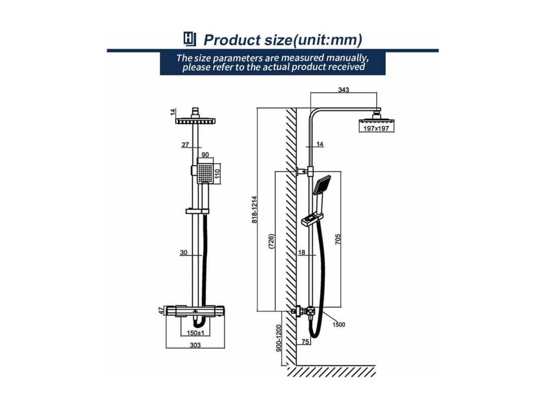 Colonne de Douche Thermostatique Ensemble de Douche Corps en Laiton Hauteur Réglable 818-1214mm Système de Douche