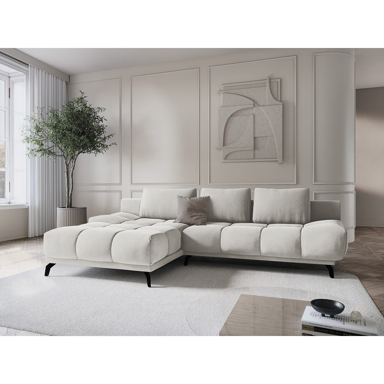 Windsor & Co Canapé d'angle Gauche Convertible avec Coffre Cirrus 5 Places beige clair - 290x182x90 cm