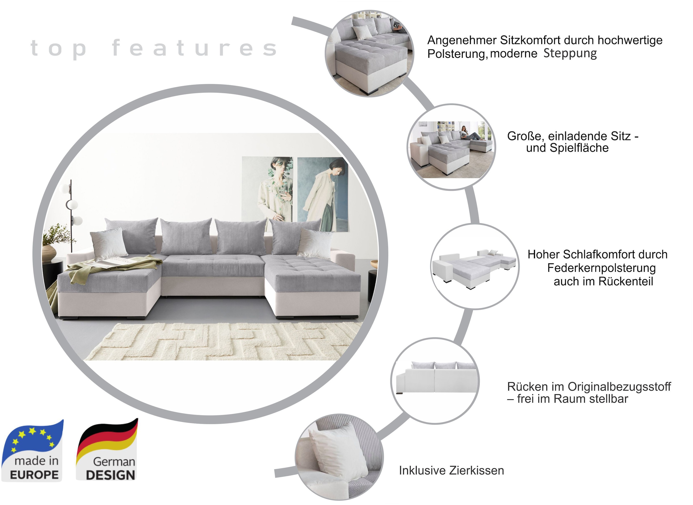 COLLECTION AB Wohnlandschaft »Josy XL U-Form, B: 313 cm in Cord, Cord-Mix« mit Bettfunktion, Bettkasten & 2 Zierkissen, Federkern