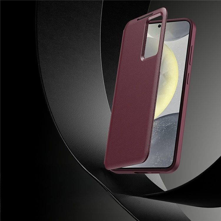 Samsung Galaxy A56 Leder Hülle Small Window View Flip Case Litchi Look - Dunkelrot