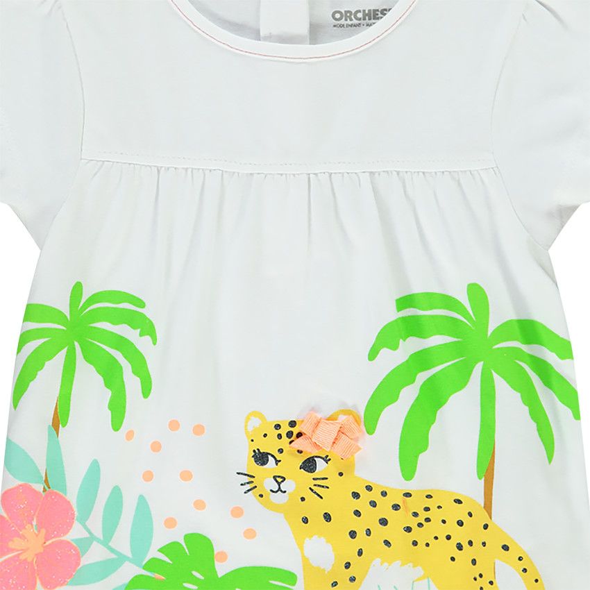 T-shirt manches courtes en jersey avec print jungle et noeud fantaisie pour bébé fille - Blanc