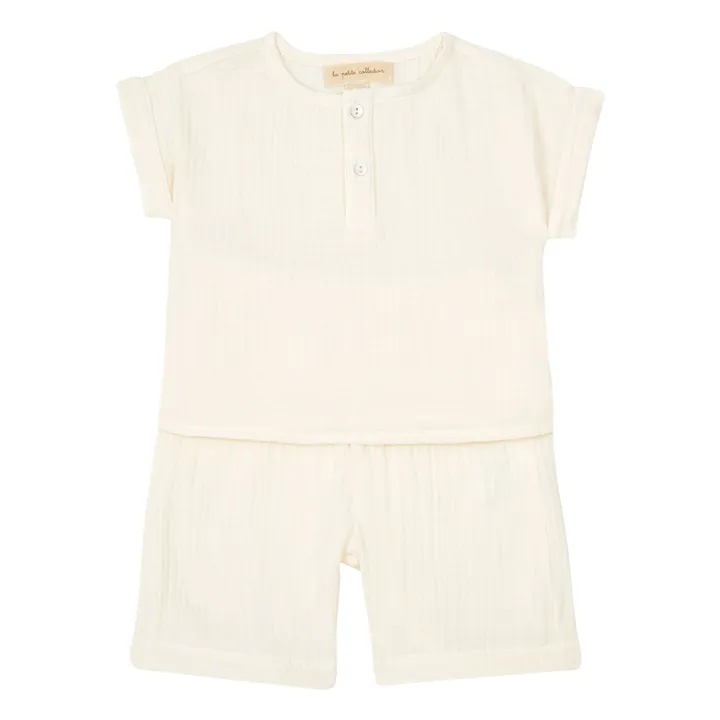 La Petite Collection Pyjama Gaze de Coton Bio Top + Short | Ecru
