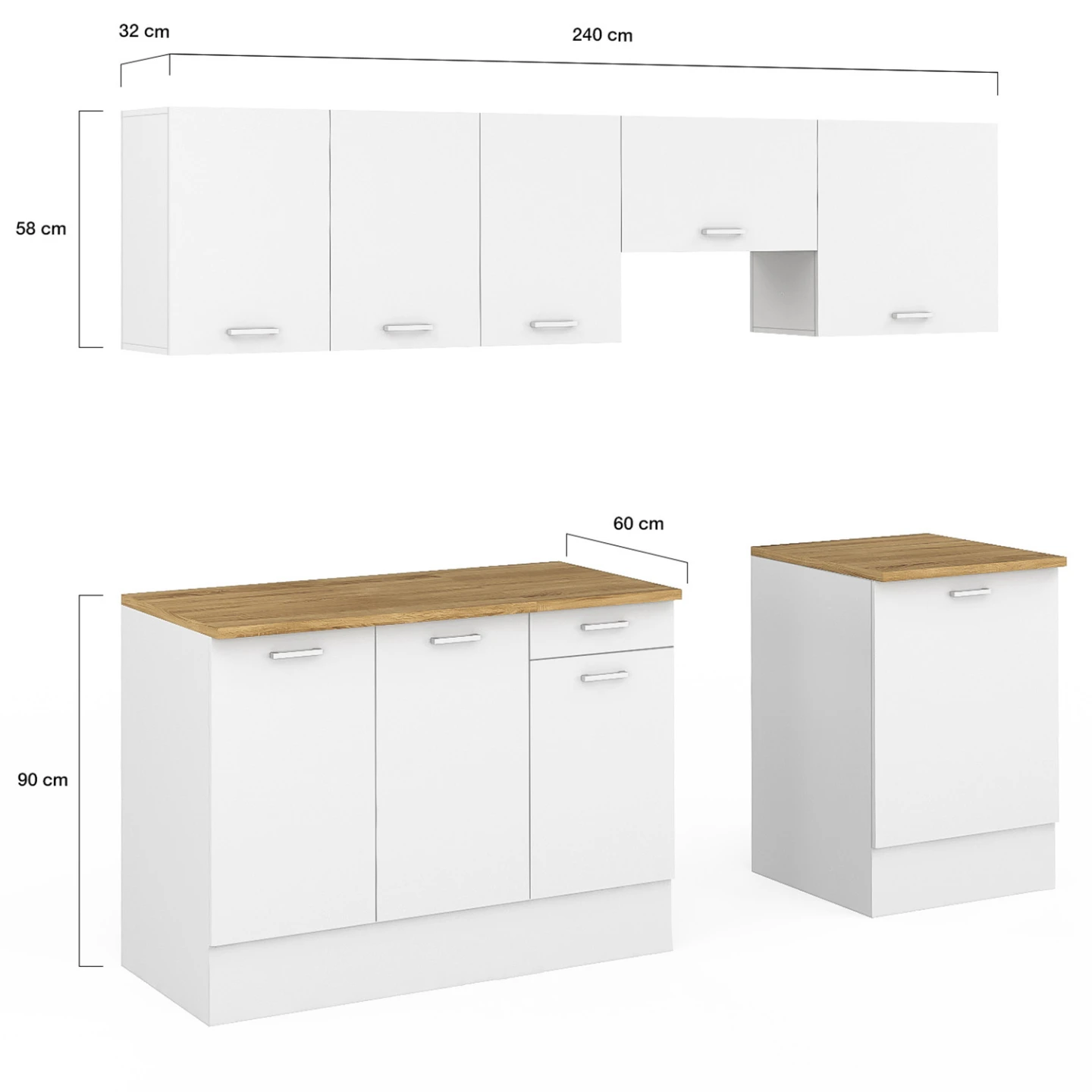 Cuisine complète 240 cm SUBTIL avec plan de travail 7 éléments blanc et plateaux bois