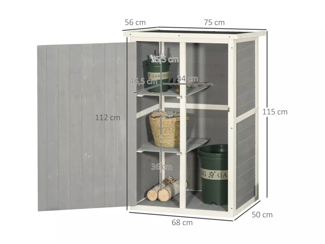 Armoire abri de jardin remise pour outils - grande porte verrouillable loquet - 2 étagères - toit bitumé incliné bois de sapin blanc gris