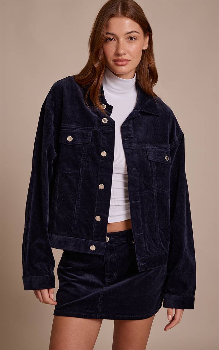 Bleu Marine Veste En Velours Côtelé Coupe Boxy Classique