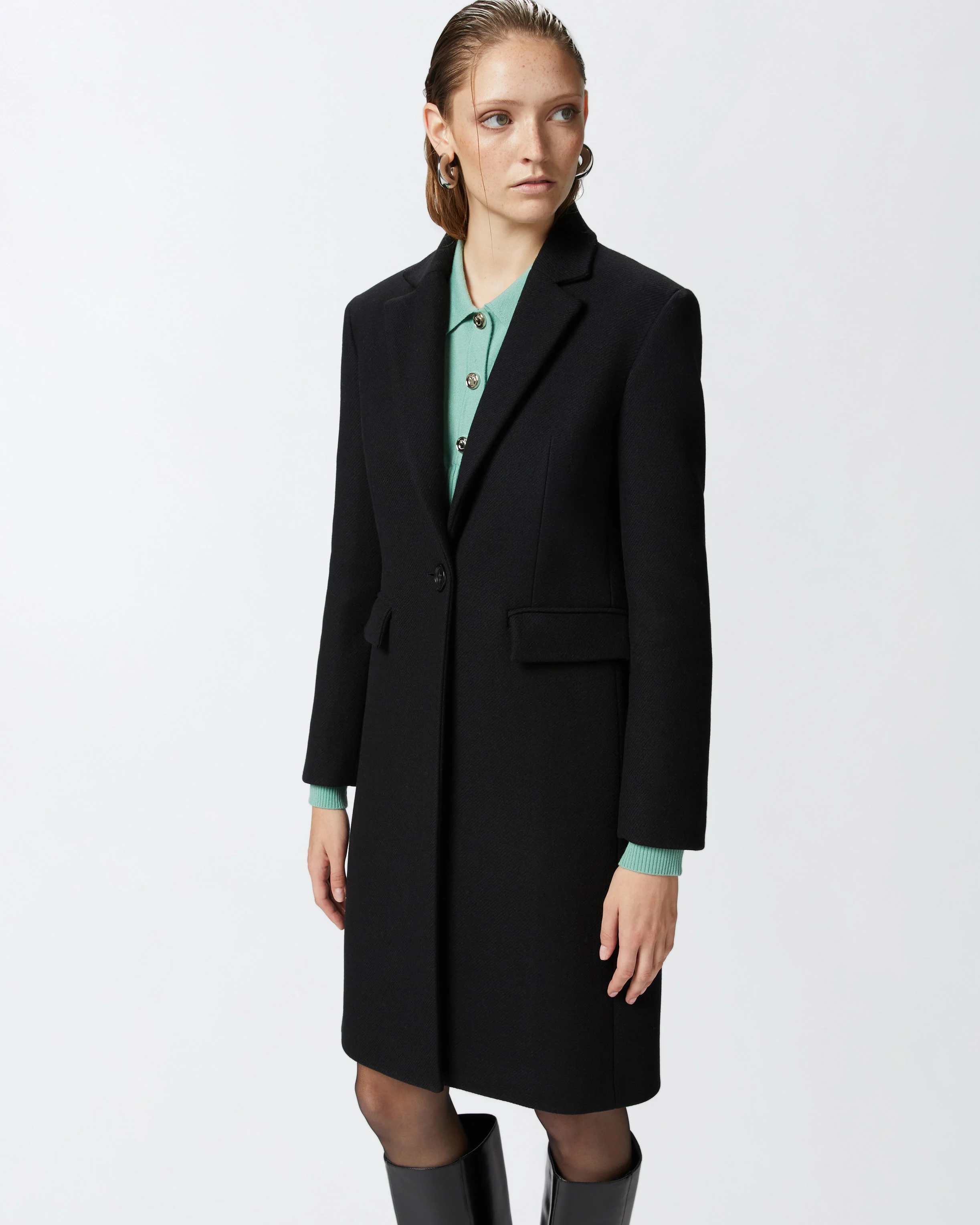 Manteau droit en drap de mélangée | Noir