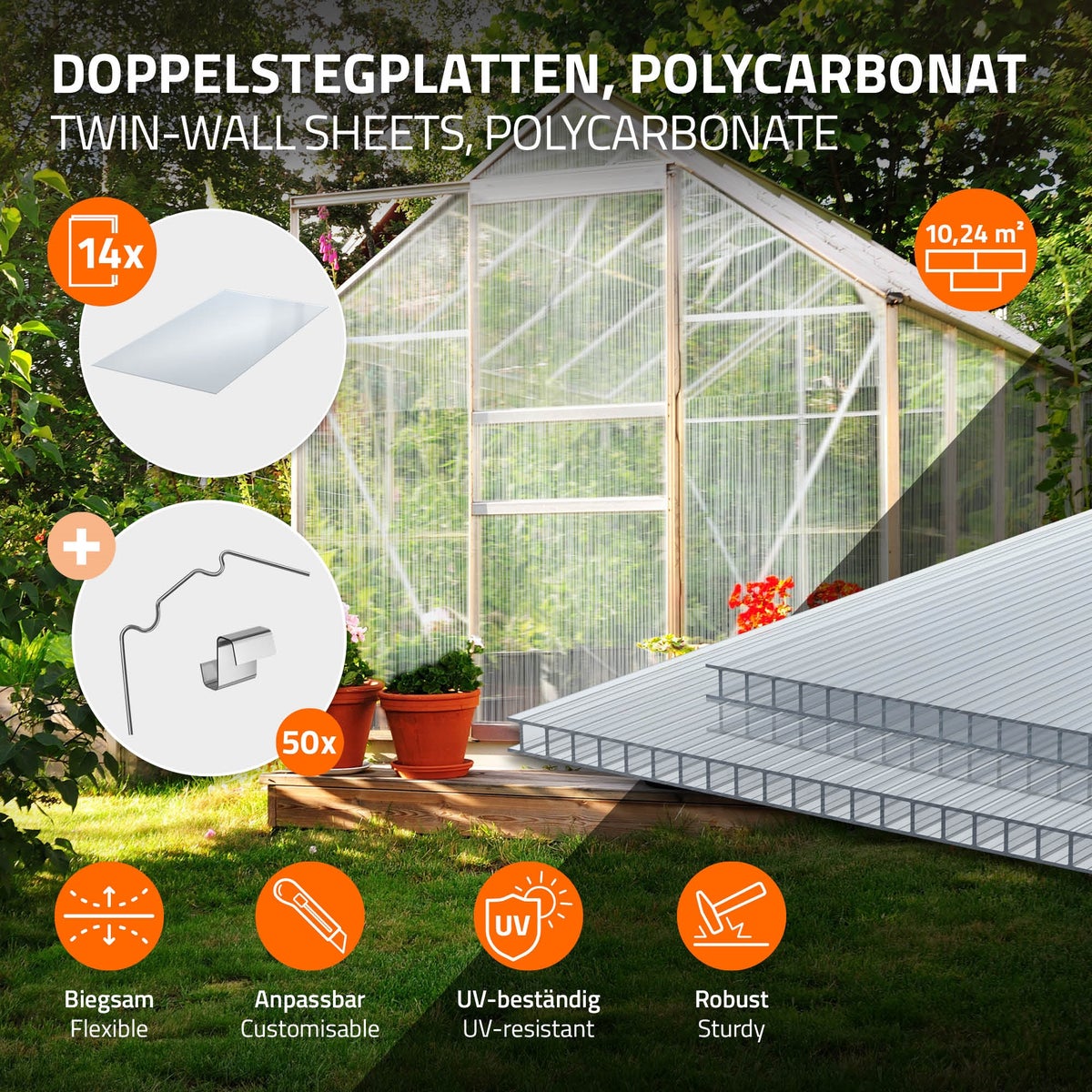 ECD Germany 14x Dubbelwandige polycarbonaatplaten, 4 mm, 121x60,5 cm, 10,24 m², 50x clips + 50x Z-clips, slagvast en UV-bestendig, snijdbaar, heldere meerwandige platen, kaspanelen