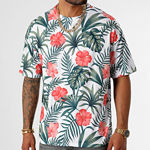 Tee Shirt Oversize Large Imprimé 2684 Tropical Blanc Vert