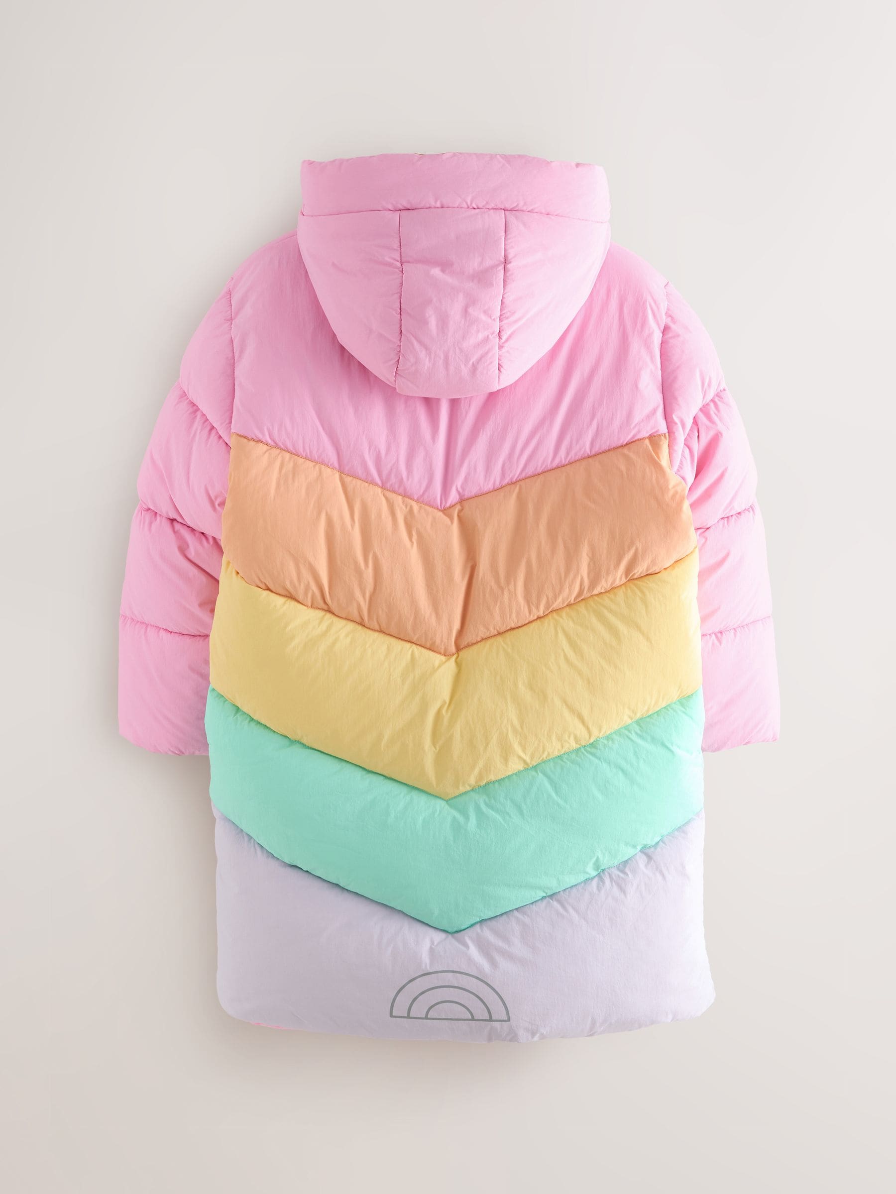 Little Bird by Jools Oliver regenbestendige lange gewatteerde jas met pastelkleurige regenboogprint