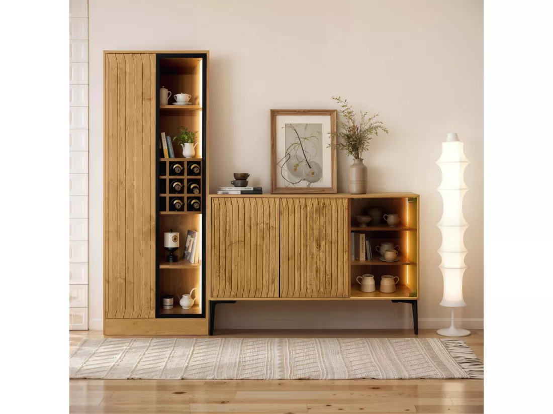 Ensemble Vitrine, meuble de salle de bain + buffet bas - 60 x 35 x 160 cm + 120 x 35 x 80 cm - Bois MDF - LEDs - Naturel