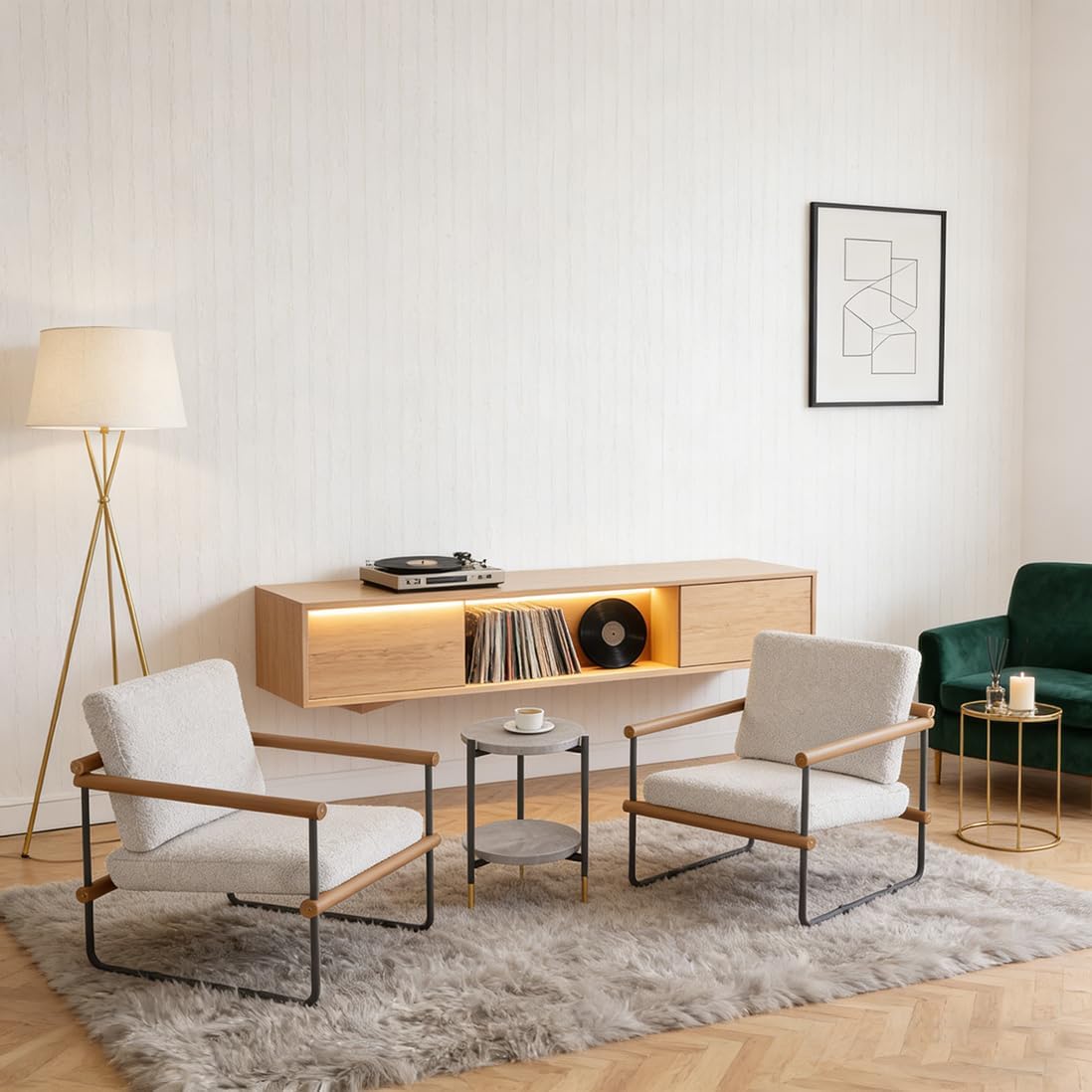 JIEXI Boucle Stoff-Akzentstuhl, moderner gepolsterter Sessel mit Metallrahmen, Lammwollstoff, Ständer aus Karbonstahl, cremeweiß, 2er-Set
