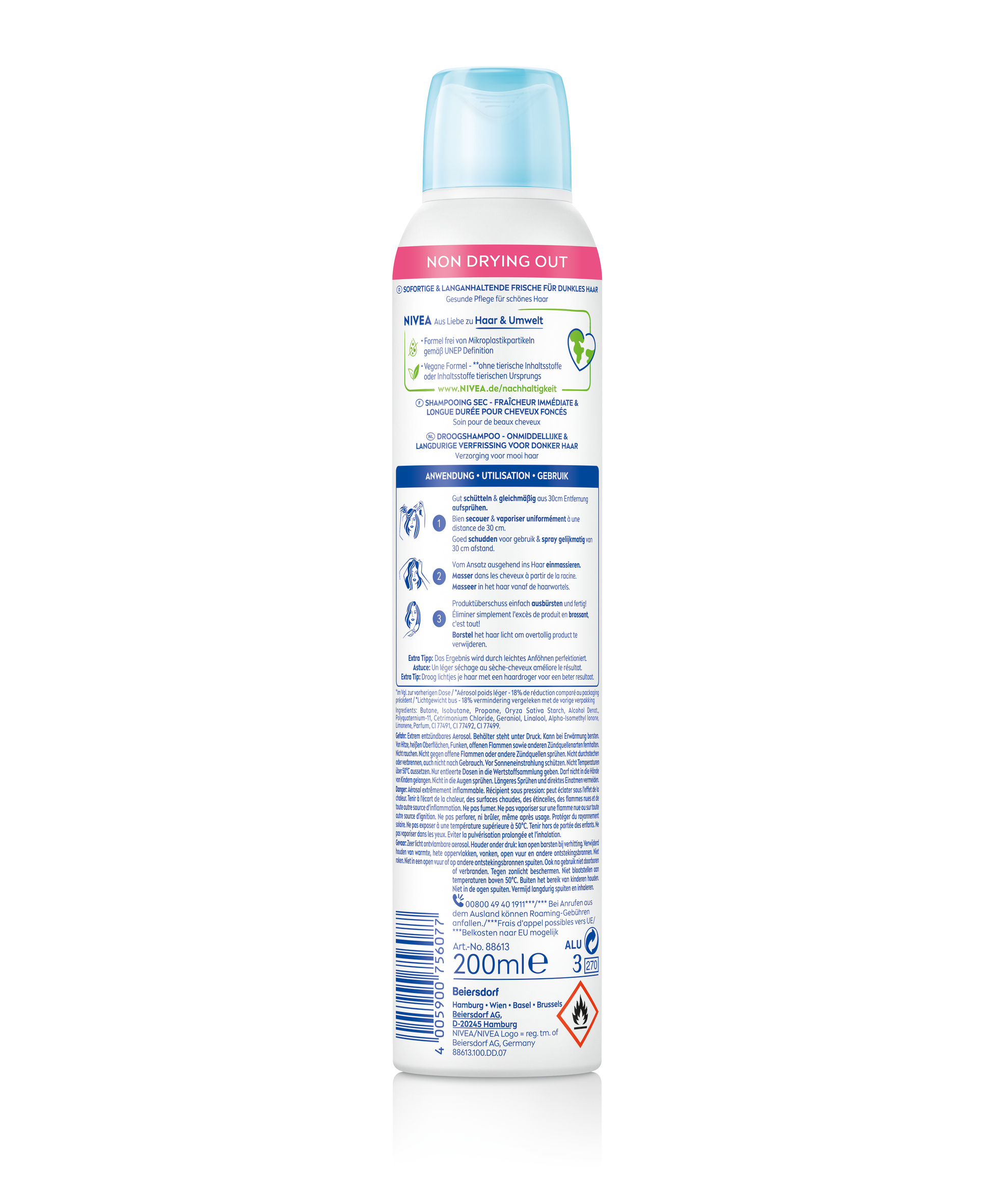 Nivea Trockenshampoo<br>200 ml, Aerosol Spray, Aerosol, Fresh & Mild dunkle Haartöne