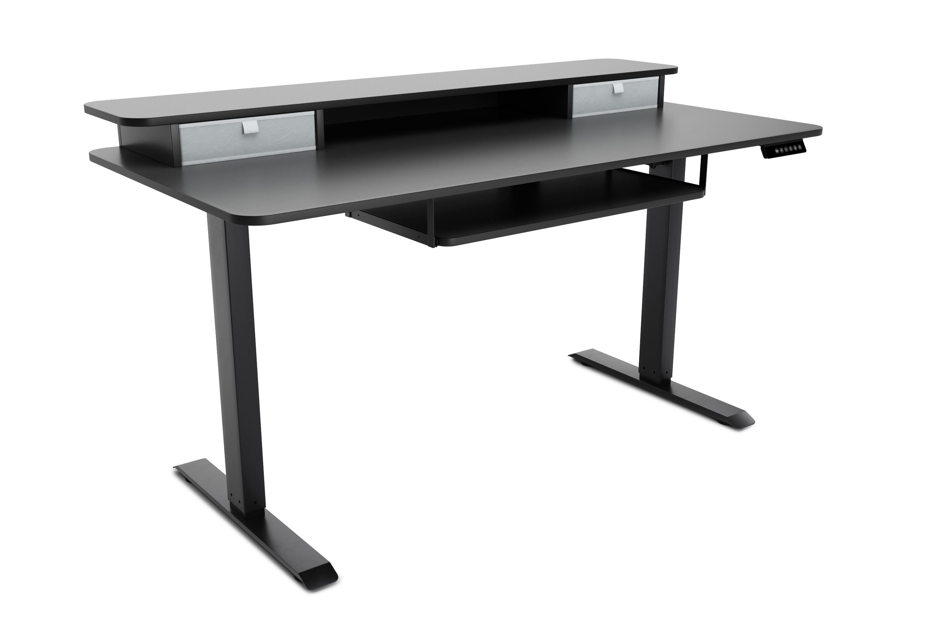 Stehpult elektrisch mit Ablage + Tastaturfach schwarz 140 x 70 cm