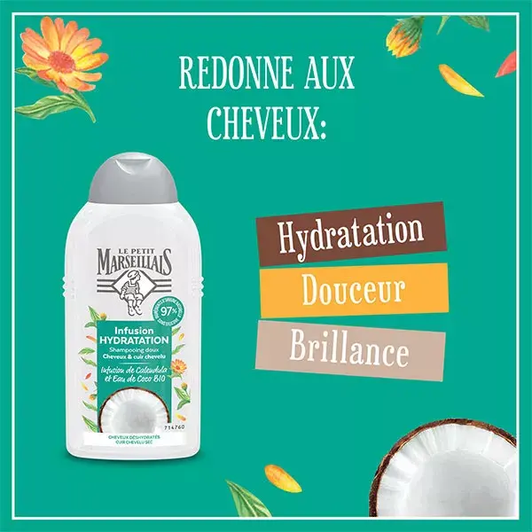Le Petit Marseillais Shampoing Hydratation Calendula et Eau de Coco Bio 250ml