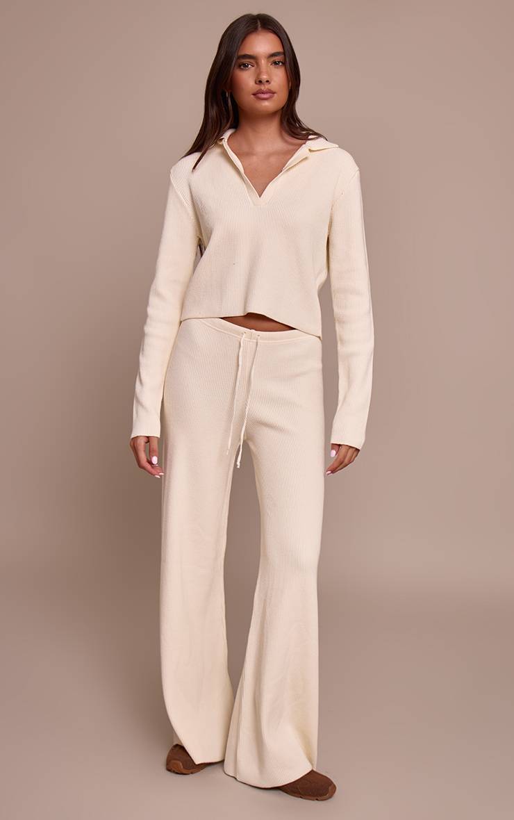 Crème Pantalon En Maille Côtelée À Jambes Larges