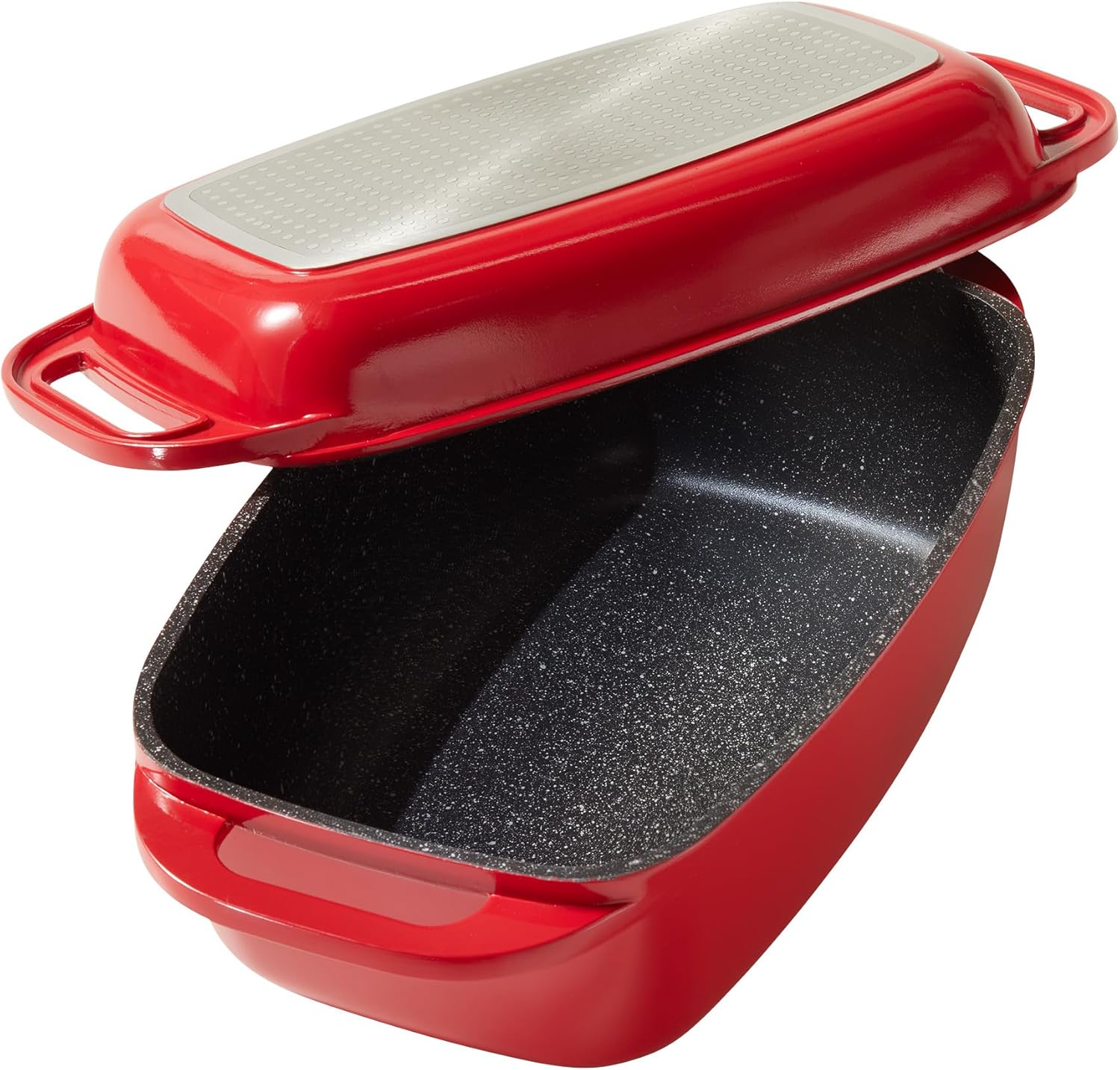 STONELINE Aluguss Bräter mit Deckel 40x22 cm, 5,8 L Bräter Induktion Backofengeeignet Für alle Herdarten, Deckel als Auflaufform verwendbar, Topf Antihaft Beschichtet mit echten Steinpartikeln, Rot